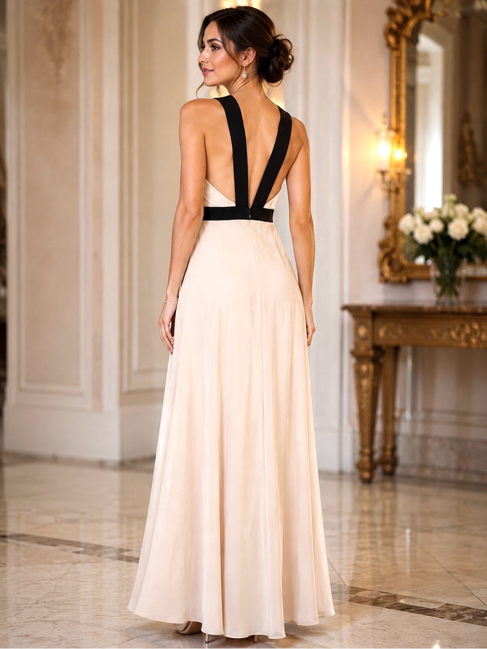 Jill Stuart Cream Blush and Black Halter Maxi Gown Size 4 - Picture 2 of 9